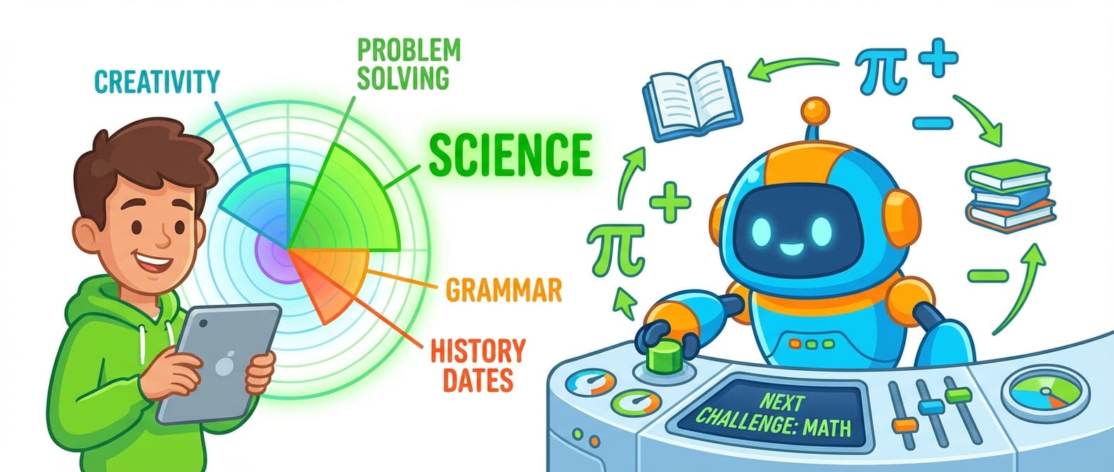 Cartoon student with radar chart showing strengths and weaknesses while a friendly AI robot customizes their next challenge