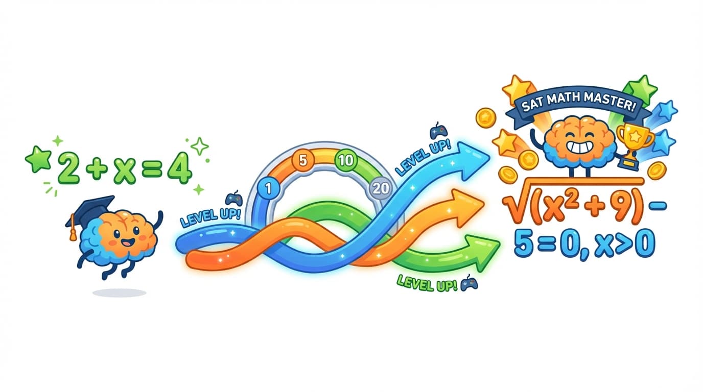 Colorful illustration of SAT math questions evolving from simple to complex, like leveling up in a video game