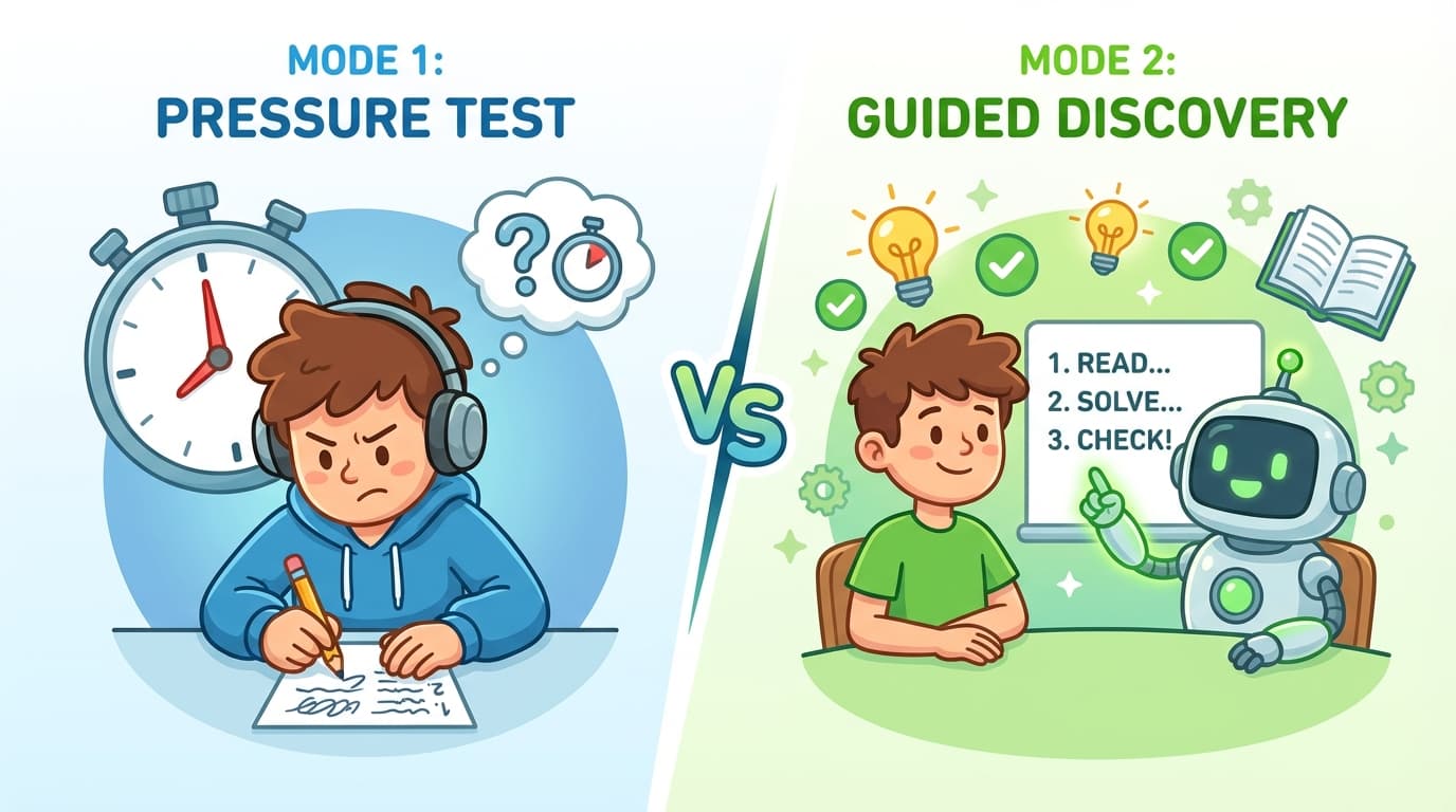 Split illustration showing timed test mode versus guided learning mode with a friendly robot tutor